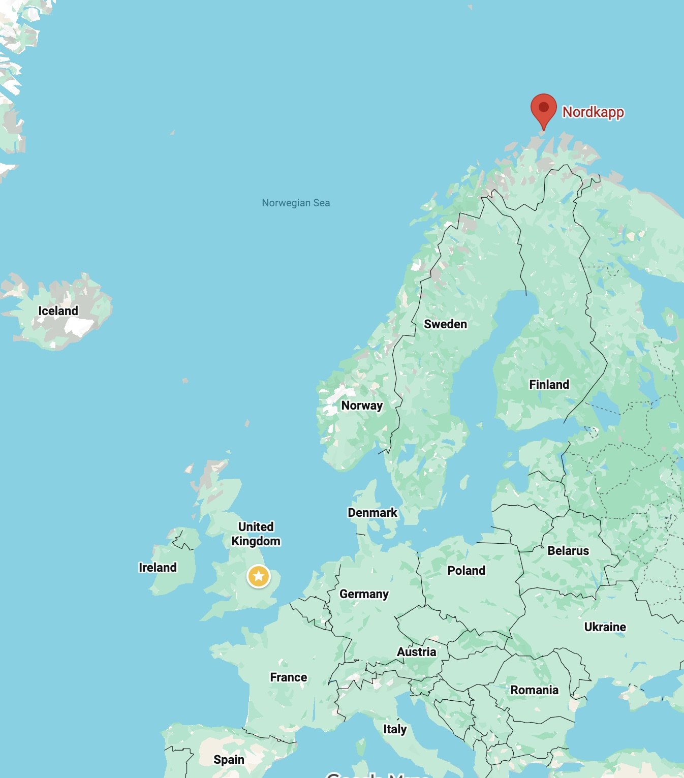 Map showing the route from home in the UK to Nordkapp in northern Norway